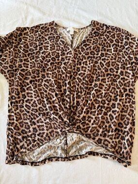 Michael Kors Leopard-Print Twist Front Short Sleeve Top - Brown/Black